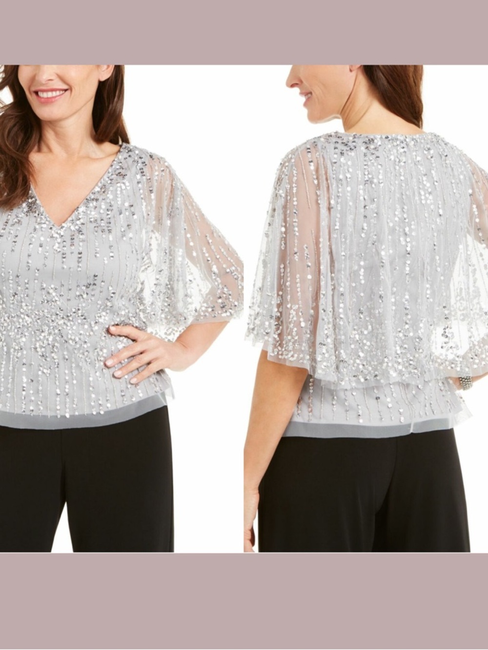 Adrianna Papell Silver Sequin V-Neck Layered Mesh Blouse